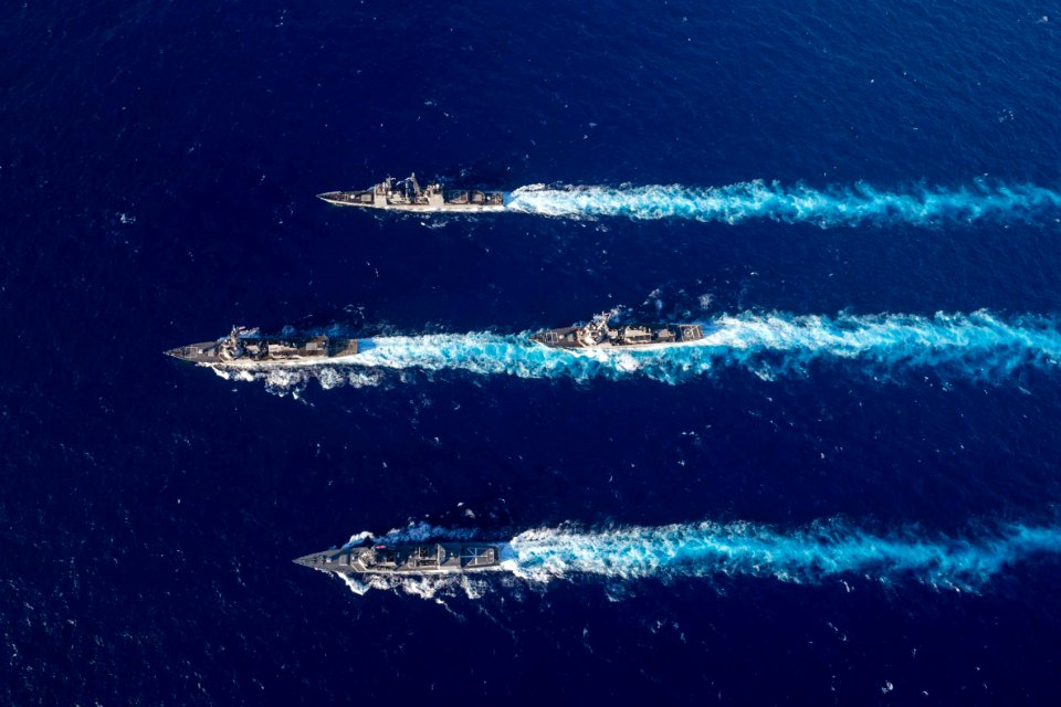 Aerial view of USS Mustin (DDG-89), USS Antietam (CG-54), USS Curtis Wilbur (DDG-64), and JS Fuyuzuki (DD-118) during MultiSail 180314-N-ZL062-0343