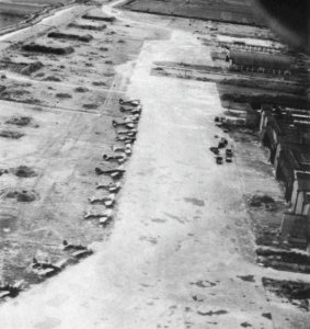 Aerial view of the Yokosuka naval air station, in August 1945