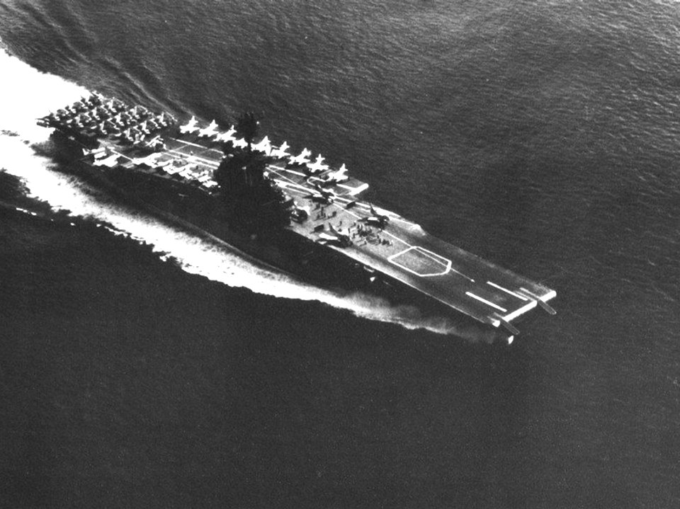 Aerial view of USS Intrepid (CVS-11) underway in 1966