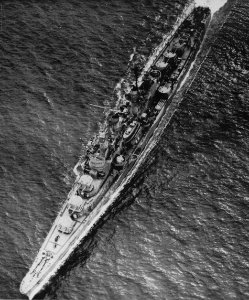 Aerial view of USS San Juan (CL-54) underway, in 1942
