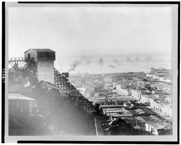 Aerial view of Valparaíso, Chile, with cable railway on slope in foreground, and ships on water in background LCCN97511139