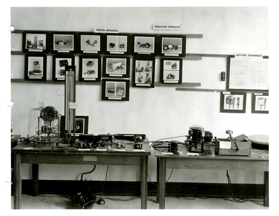 Aeronautic instrument exhibit of oxygen apparatus, gyroscopic apparatus, and altitude instruments at A.P.S., May 1919