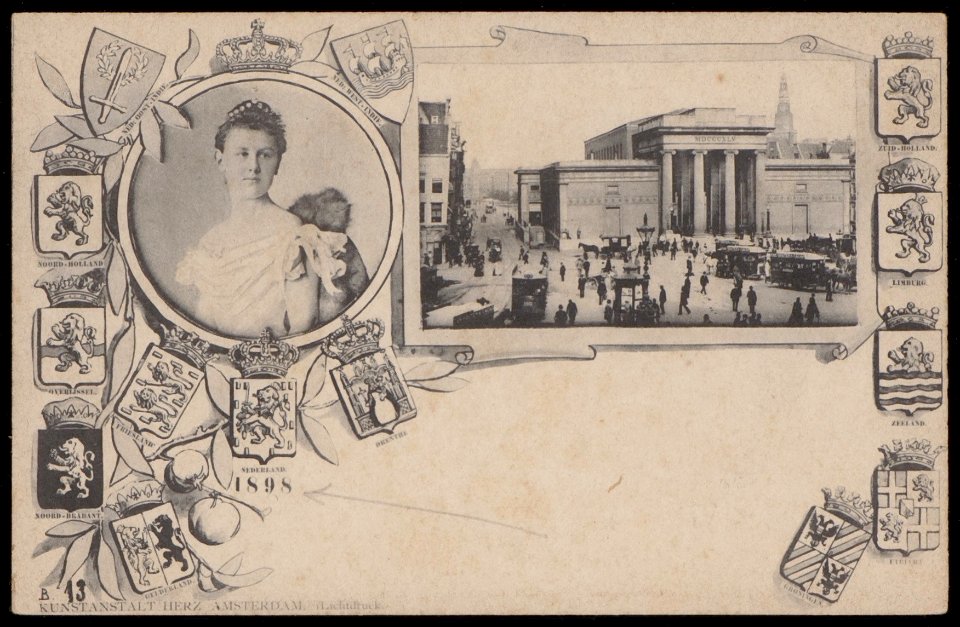 Afbeelding van de beurs van Zocher op de Dam wegens de inhuldiging Koningin Wilhelmina. Uitgave Kunstanstalt Herz, Amsterdam, Afb PBKD00458000001