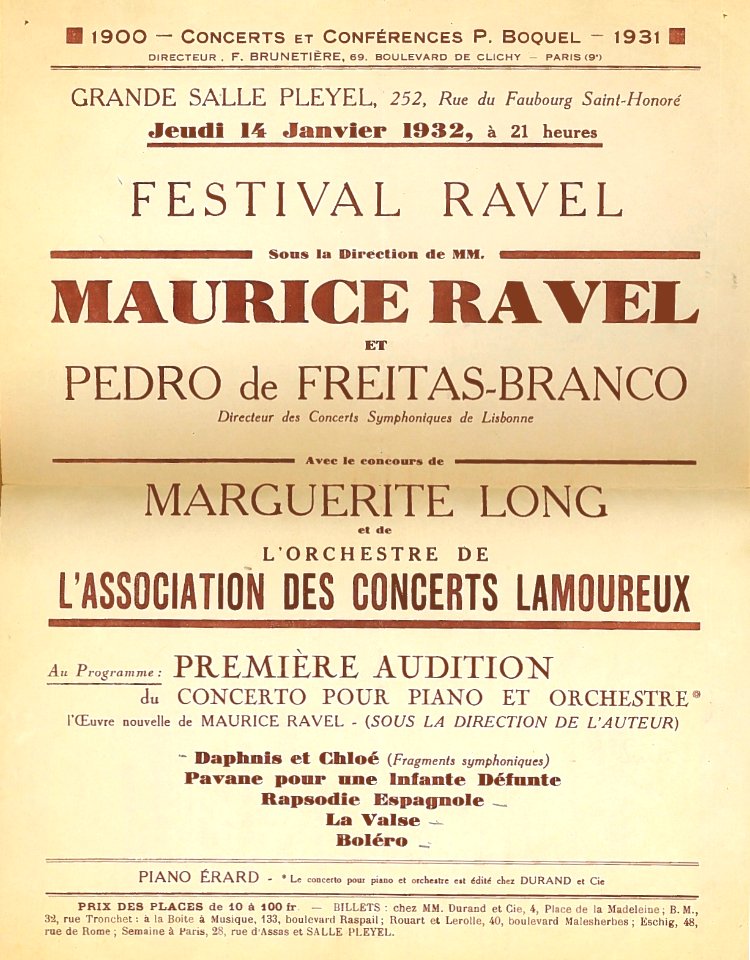 Affiche de la première audition du Concerto en sol de Maurice Ravel