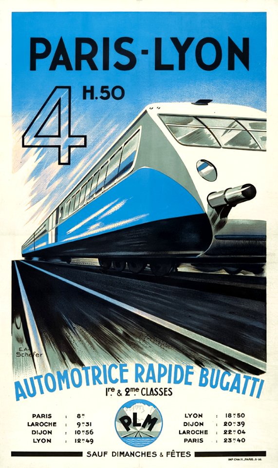 Affiche Paris-Lyon 4h50 Automotrice rapide Bugatti