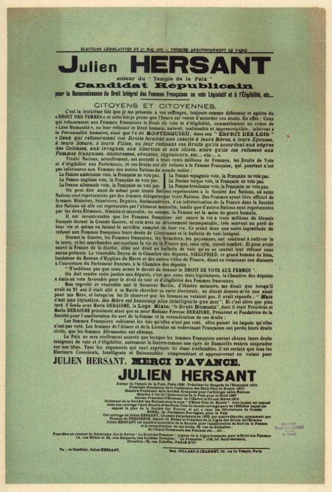 Affiche féministe de Julien Hersant, législatives 1932