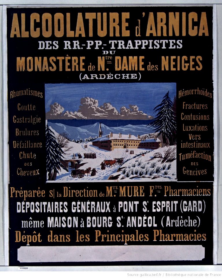 Affiche publicitaire - alcoolature d'Arnica des montagnes (Abbaye Notre-Dame-des-Neiges, 1862)