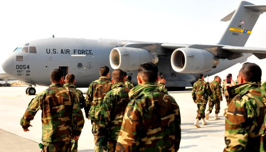 Afghan National Army soldiers walk to their C-17 cargo plane (4410163323)