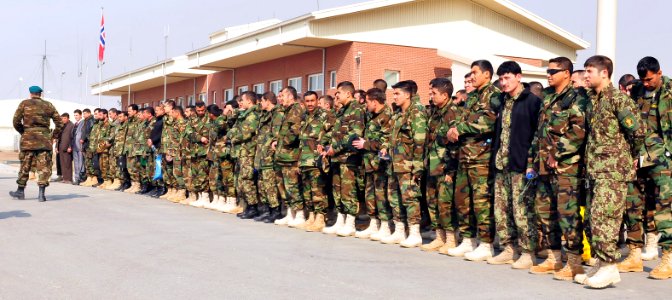 Afghan National Army soldiers patiently wait in formation for their C-17 cargo plane (4410160271) photo