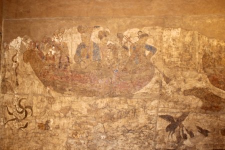 Afrasiab - details from The Ambassadors' Painting 1 - Northern wall.- Chinese boat
