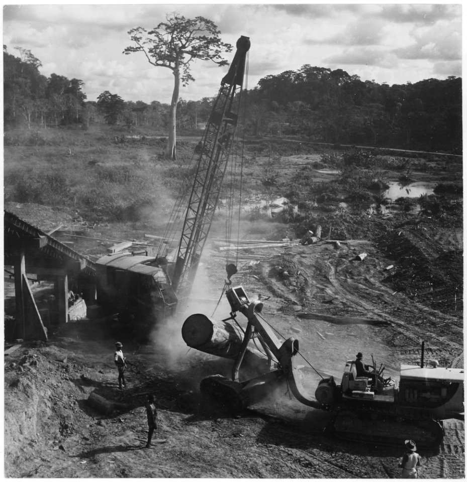 Africa. Cameroons. Here the log is being picked up by the Orton crane to be swung to the conveyor belt, part of which... - NARA - 541642
