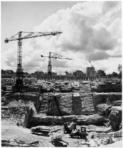 Africa. Cameroons. Giant cranes like these jutting up over the construction work on the Eda dam have given Africa a... - NARA - 541655