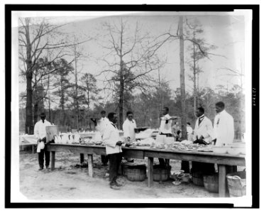 African American men preparing to serve a meal in an outdoor setting among trees LCCN2008677114