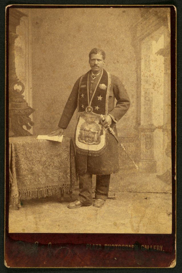 African American man, member of the Grand United Order of Odd Fellows, wearing fraternal order collar and apron) - A.C. Golsh, 411 Main St., opp. Pico House, Los Angeles, Cal LCCN2010652112