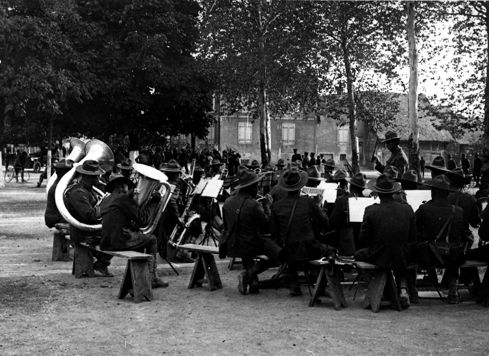 African American troops giving a military concert in an Alsatian village. - NARA - 533503