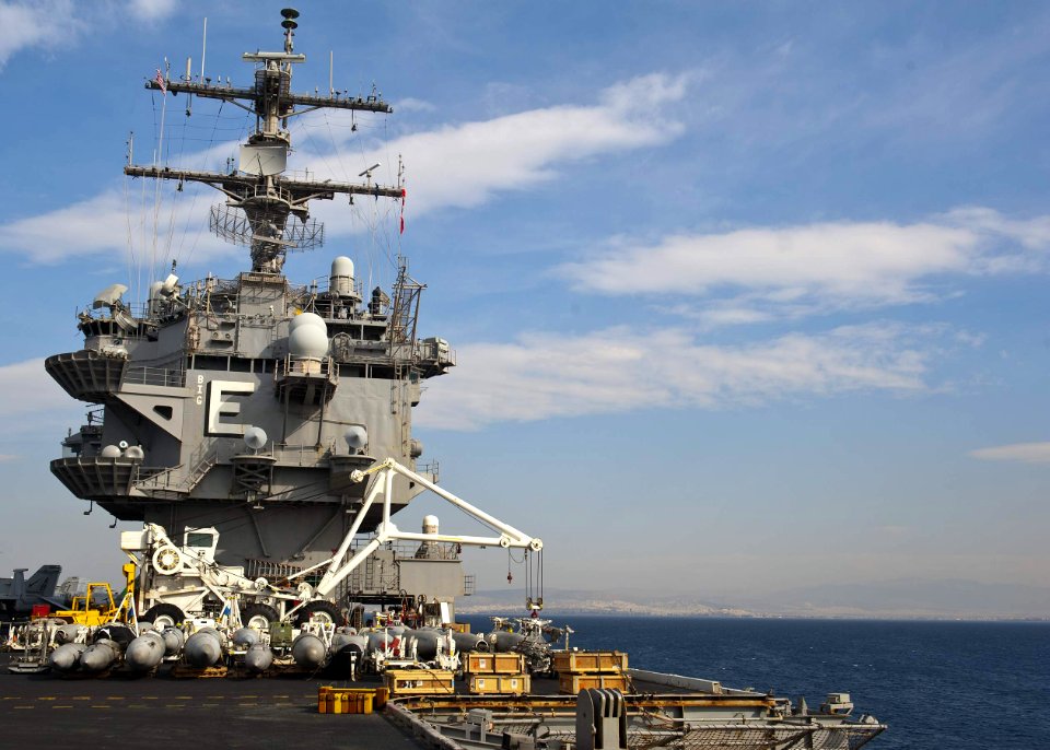 Aft view of the island of USS Enterprise (CVN-65) on 28 March 2012
