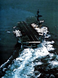 Aft view of USS Coral Sea (CVA-43) underway c1970