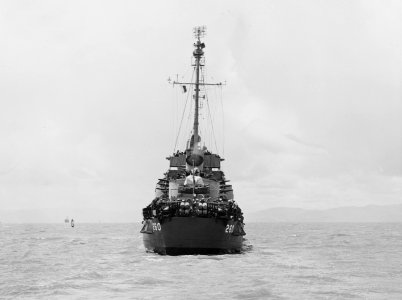 Aft view of USS Cabana (DE-260) off the Mare Island Naval Shipyard on 18 May 1945 (NH 97449)
