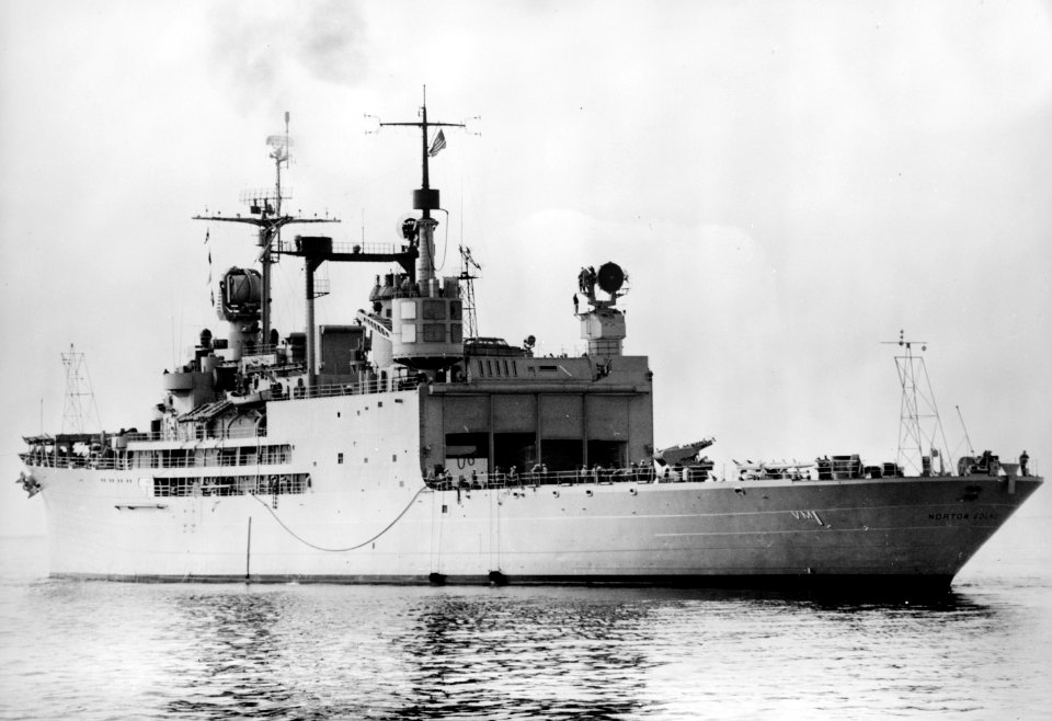 Aft view of USS Norton Sound (AVM-1) off the San Francisco Naval Shipyard on 2 July 1956 (7577362)