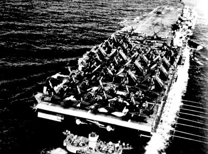 Aft view of USS Valley Forge (CV-45) underway in 1950