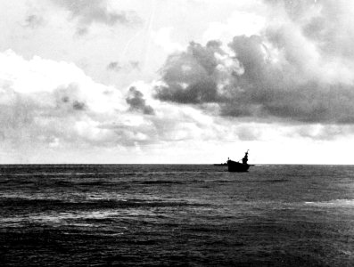 Aft view of the listing USS Hornet (CV-8) during the Battle of Santa Cruz Islands, 26 October 1942 (80-G-33899)