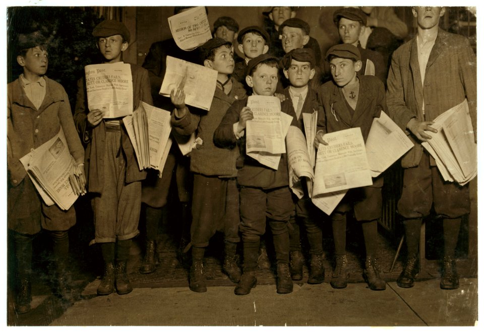 After midnight April 17, 1912, and still selling extras. There were many of these groups of young news-boys selling very late these nights. Youngest boy in the group is Israel Spril (9 yrs. LOC cph.3b08442