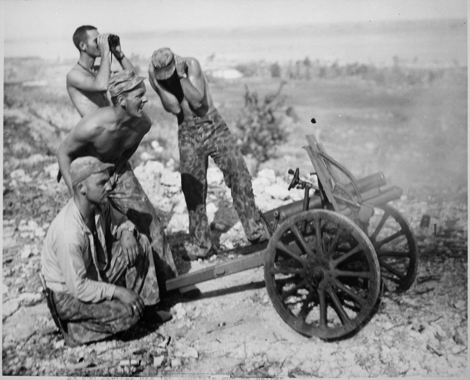 After the Marines captured this mountain gun from the Japanese at Saipan, they put it into use during the attack on... - NARA - 532384