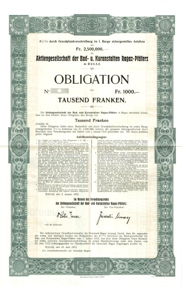 AG der Bad- u. Kuranstalten Ragaz-Pfäfers 1912