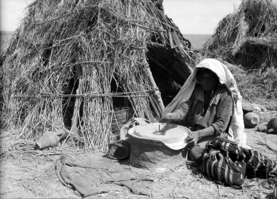Agriculture, etc. Primitive methods of rubbing and grinding wheat. Woman grinding with present-day hand mill. Before her modest home on southern Sharon LOC matpc.15642