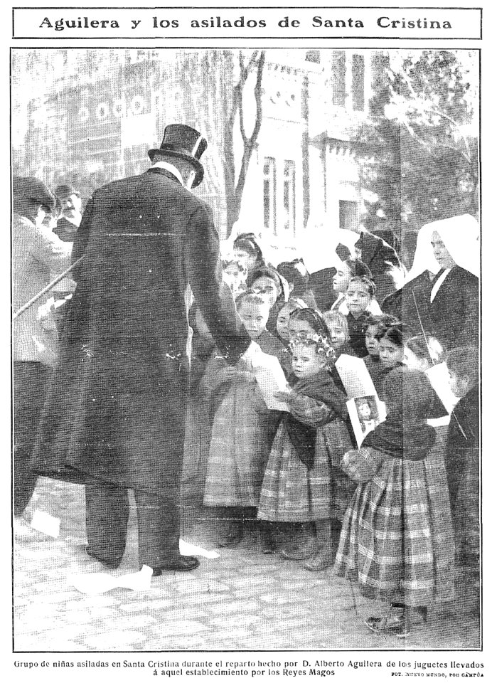 Aguilera y los asilados de Santa Cristina, de Campúa, Nuevo Mundo, 13-01-1910