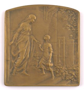 Aide et Protection aux Oeuvres de l'Enfance (Colonies d'Enfants Débiles), plaquette by Pierre Theunis, Belgium, (1919), Coins and Medals Department of the Royal Library of Belgium, 2Lef88-89 (recto)