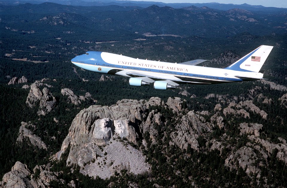Air Force One flying over Mount Rushmore