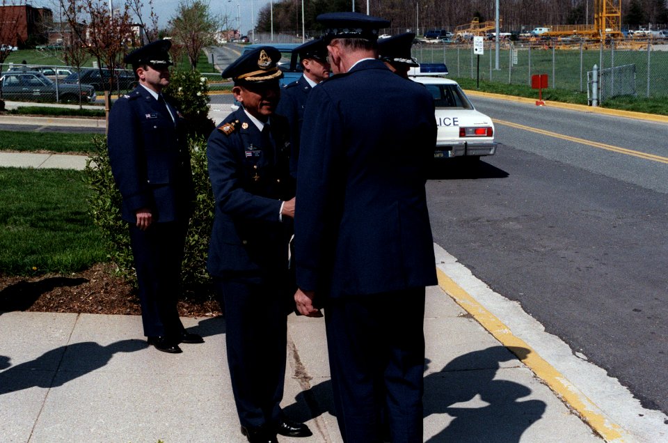 Air Marshall Panieng Karntarat of Thailand talks with GEN Lew Allen, U.S. Air Force chief of staff, after his arrival in the United States for a visit