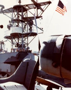 Aircraft and island of USS Santee (ACV-29) in late 1942
