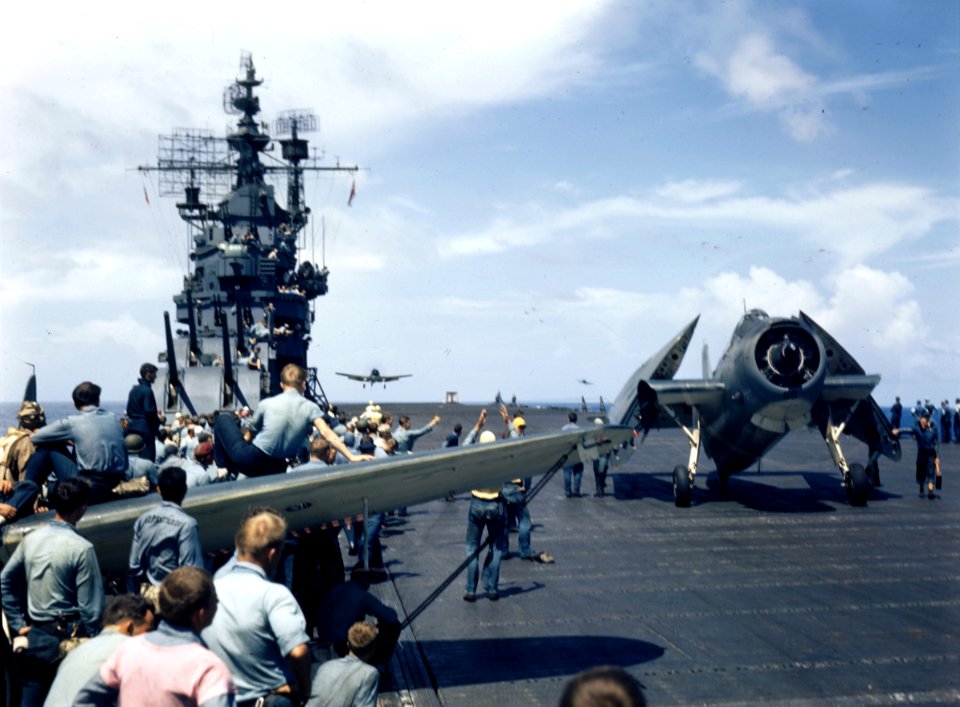 Aircraft landing aboard USS Lexington (CV-16), in November 1943 (80-G-K-15290)
