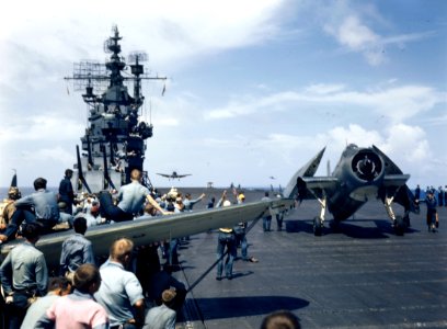 Aircraft landing aboard USS Lexington (CV-16), in November 1943 (80-G-K-15290)