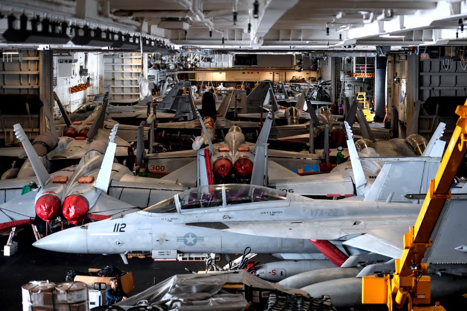 Aircraft in the hangar bay of USS Theodore Roosevelt CVN 71