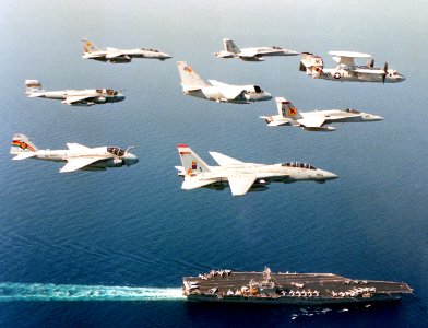 Aircraft of US Navy Carrier Air Wing 14 in flight over USS Carl Vinson (CVN-70) on 1 May 1994 (6502328)