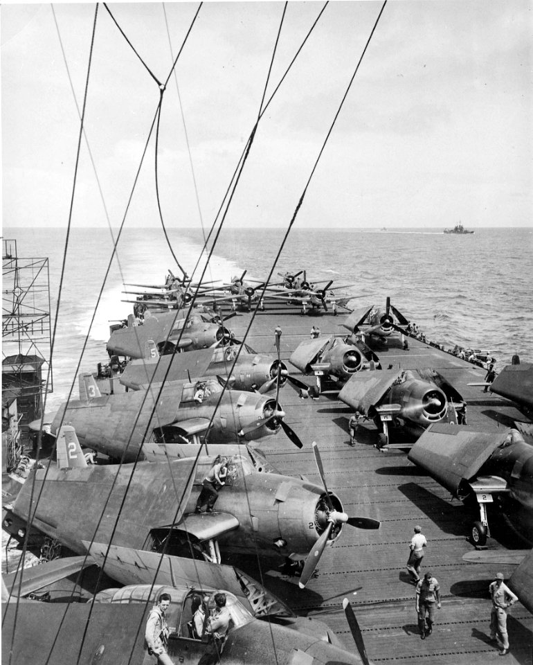 Aircraft on flight deck of USS Bataan (CVL-29) in 1944 (NNAM.1996.253.1441)