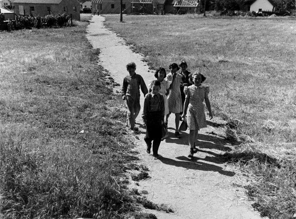 Airport tract, near Modesto, Stanislaus County, California. Children going to the Wilson Elementary . . . - NARA - 521632