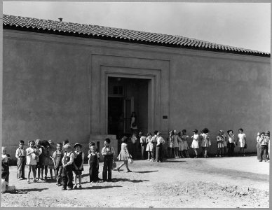 Airport tract, near Modesto, Stanislaus County, California. Just before 9 o'clock at the Wilson Elem . . . - NARA - 521631 photo