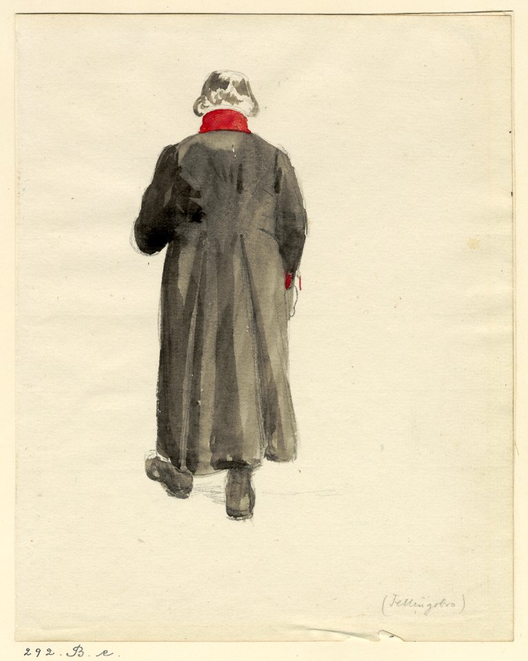 Akvarell Mansdräkt från Fellingsbro. (bakifrån). Västmanland. Fellingsbro sn. Akvarell av J. W - Nordiska museet - NMA.0051699 (1)