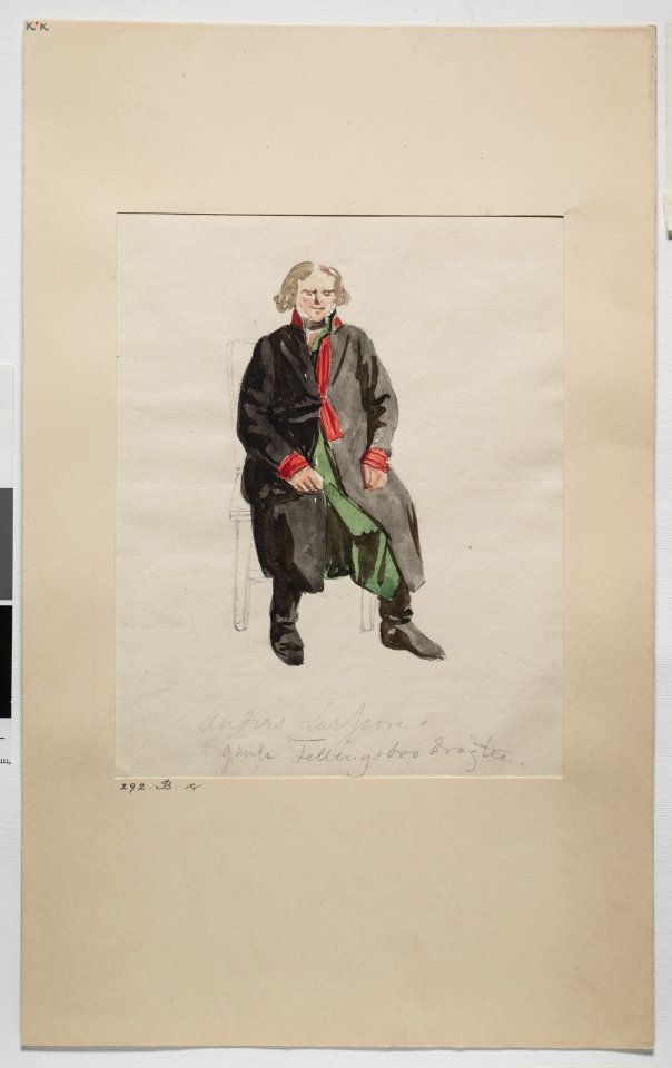 Akvarell Gamla Fellingsbrodräkten. (sittande). Västmanland. Fellingsbro sn. Akvarell av J. W - Nordiska museet - NMA.0051700 (2)