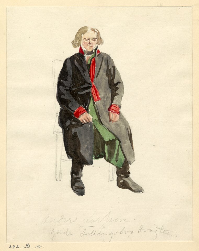 Akvarell Gamla Fellingsbrodräkten. (sittande). Västmanland. Fellingsbro sn. Akvarell av J. W - Nordiska museet - NMA.0051700 (1)
