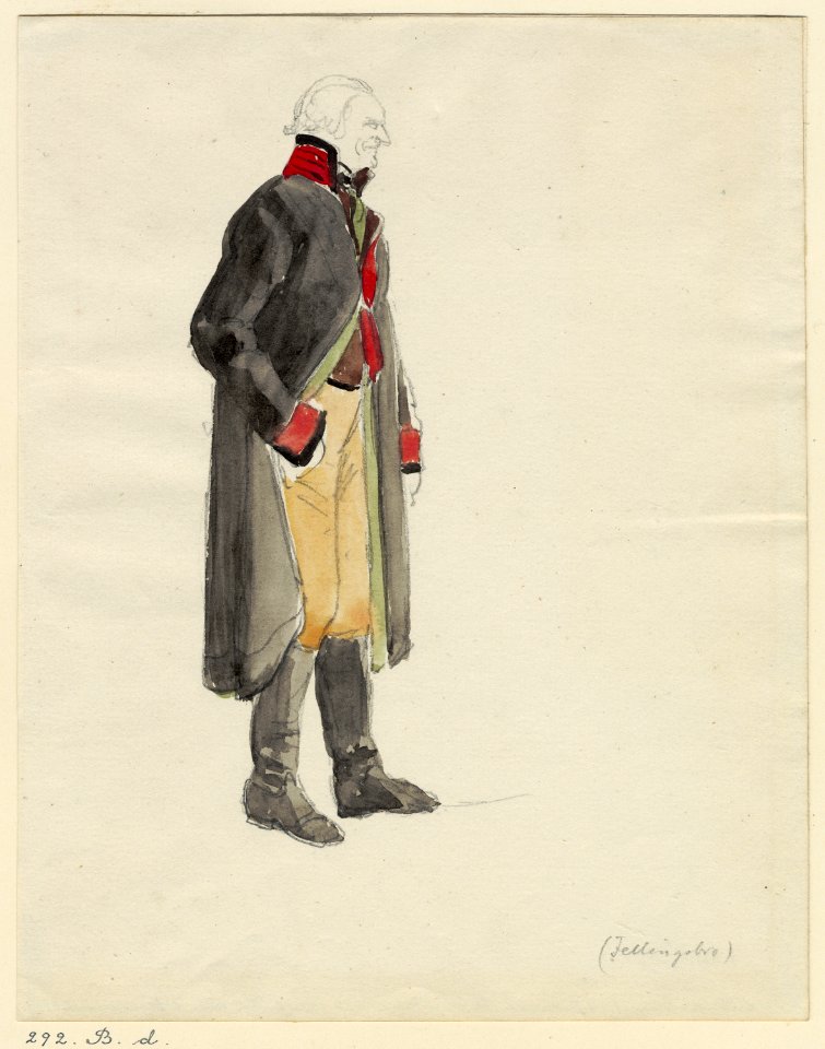 Akvarell Mansdräkt från Fellingsbro (från sidan). Västmanland. Fellingsbro sn. Akvarell av J. W - Nordiska museet - NMA.0051698 (1)