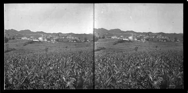 Al fons un poble amb l'església i campanar