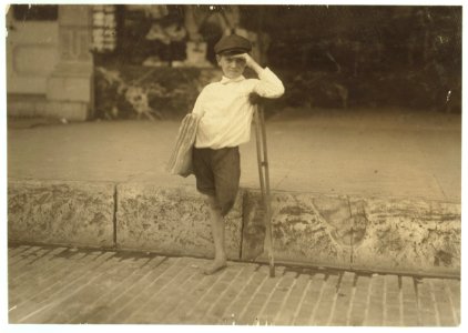 Albert Schafer, eight year old newsboy who usually begins at 8-00 A.M. Sundays. Sells some on week-days. Is a cripple. Makes one to two dollars a day. LOC cph.3c15371
