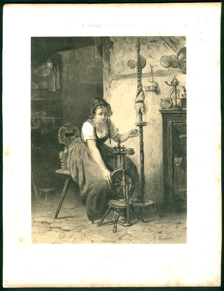 Albert Kindler in Düsseldorf - die Spinnerin, Lithographie, signiert A. Kindler