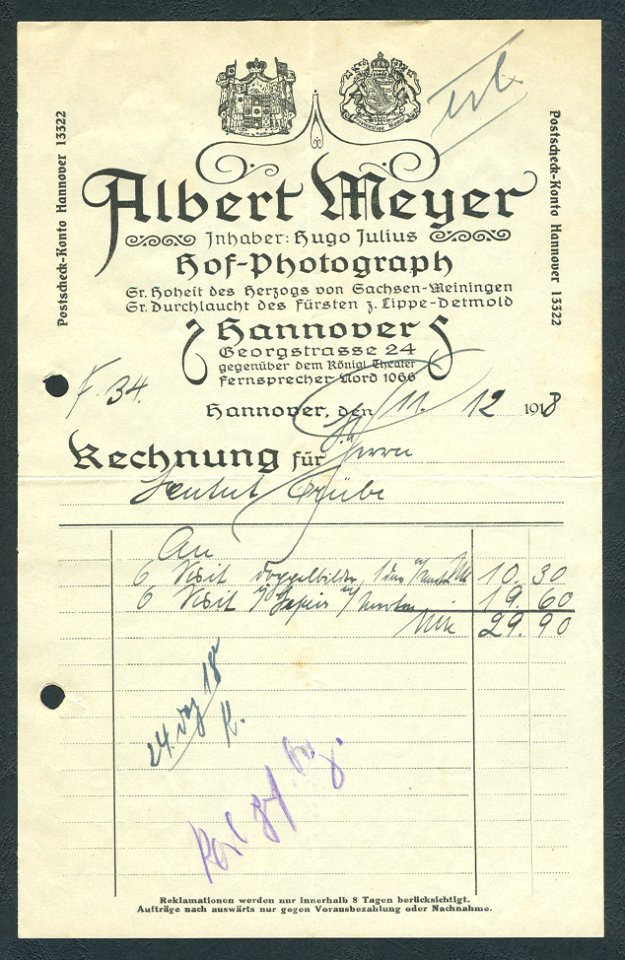 Albert Meyer Inhaber Hugo Julius Hof-Photograph Hannover Georgstraße 24 Rechnung für Visitenkarten Visit