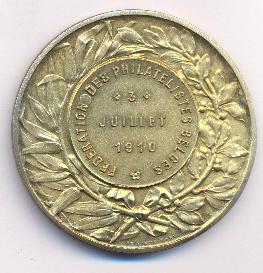 Albert Roi des Belges - Fédération de Philatelistes Belges 1910, medal by Jacques Marin (1877-1950), Belgium, 1910, Coins and Medals Department of the Royal Library of Belgium, 2M204 - 26 (verso)